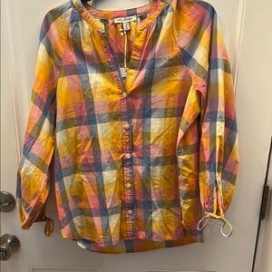 Free Assembly Colorful Plaid Button-Up Blouse with Tie Detail Sleeves